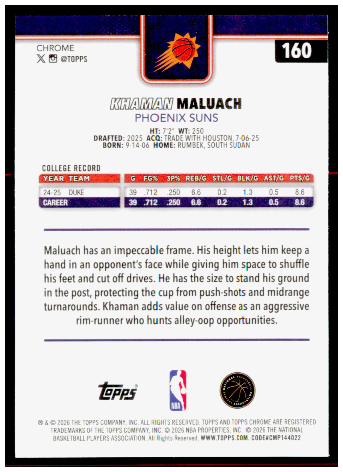 2025-26 Topps Chrome Update Khaman Maluach Card RC Phoenix Suns