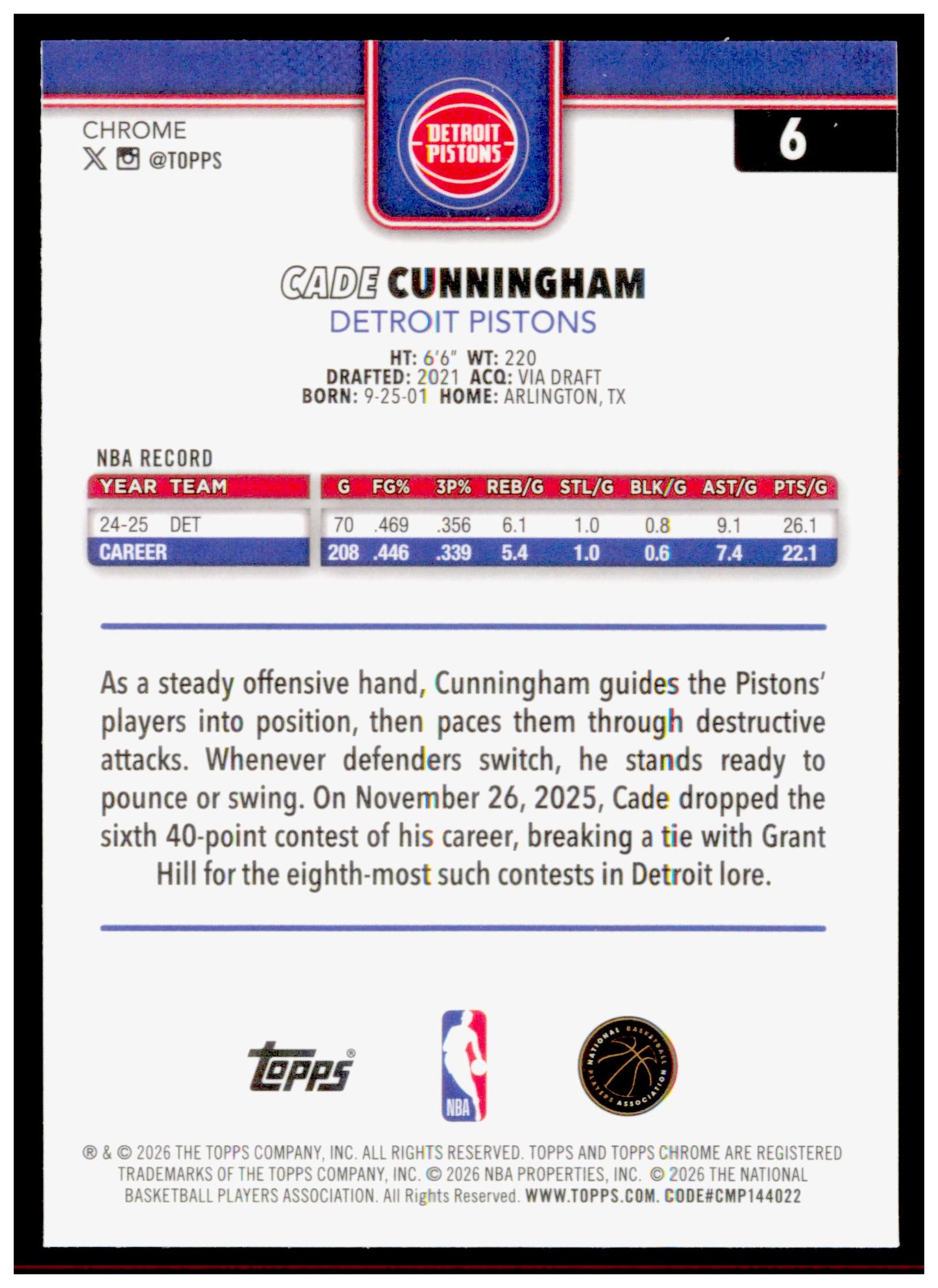 2025-26 Topps Chrome Update Cade Cunningham Card Red White and Blue Refractor