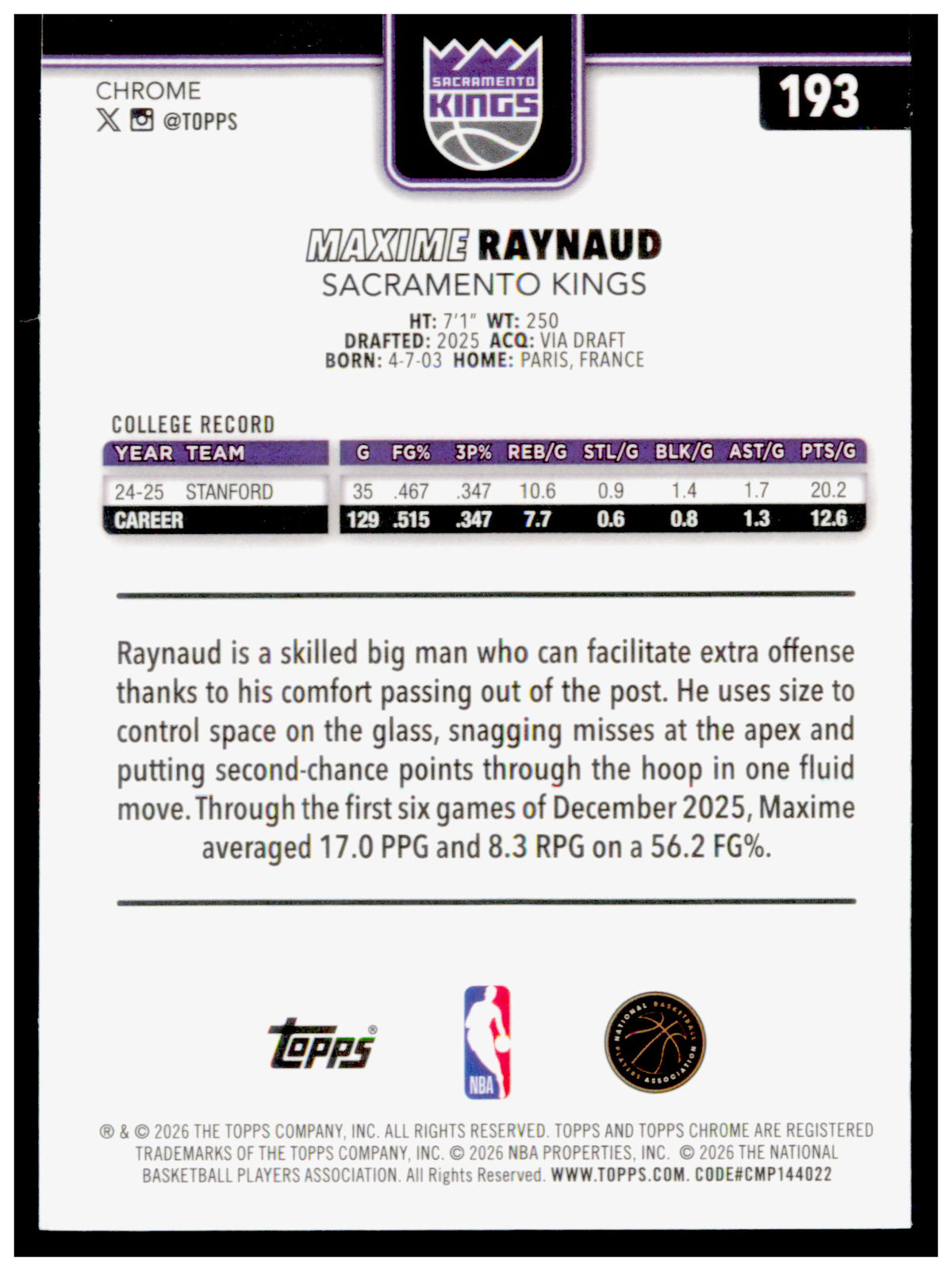 2025-26 Topps Chrome Update Maxime Raynaud Card RC Sacramento Kings