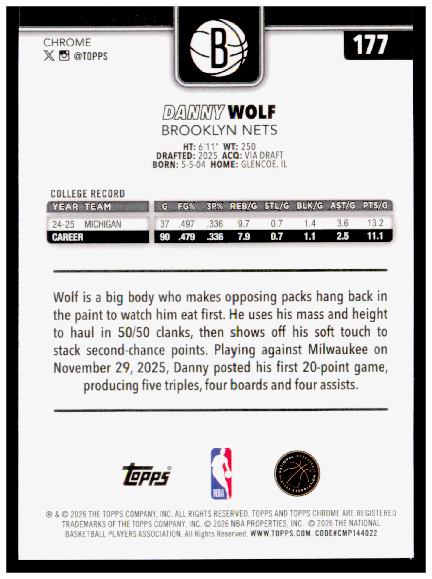2025-26 Topps Chrome Update Danny Wolf Card RC Brooklyn Nets