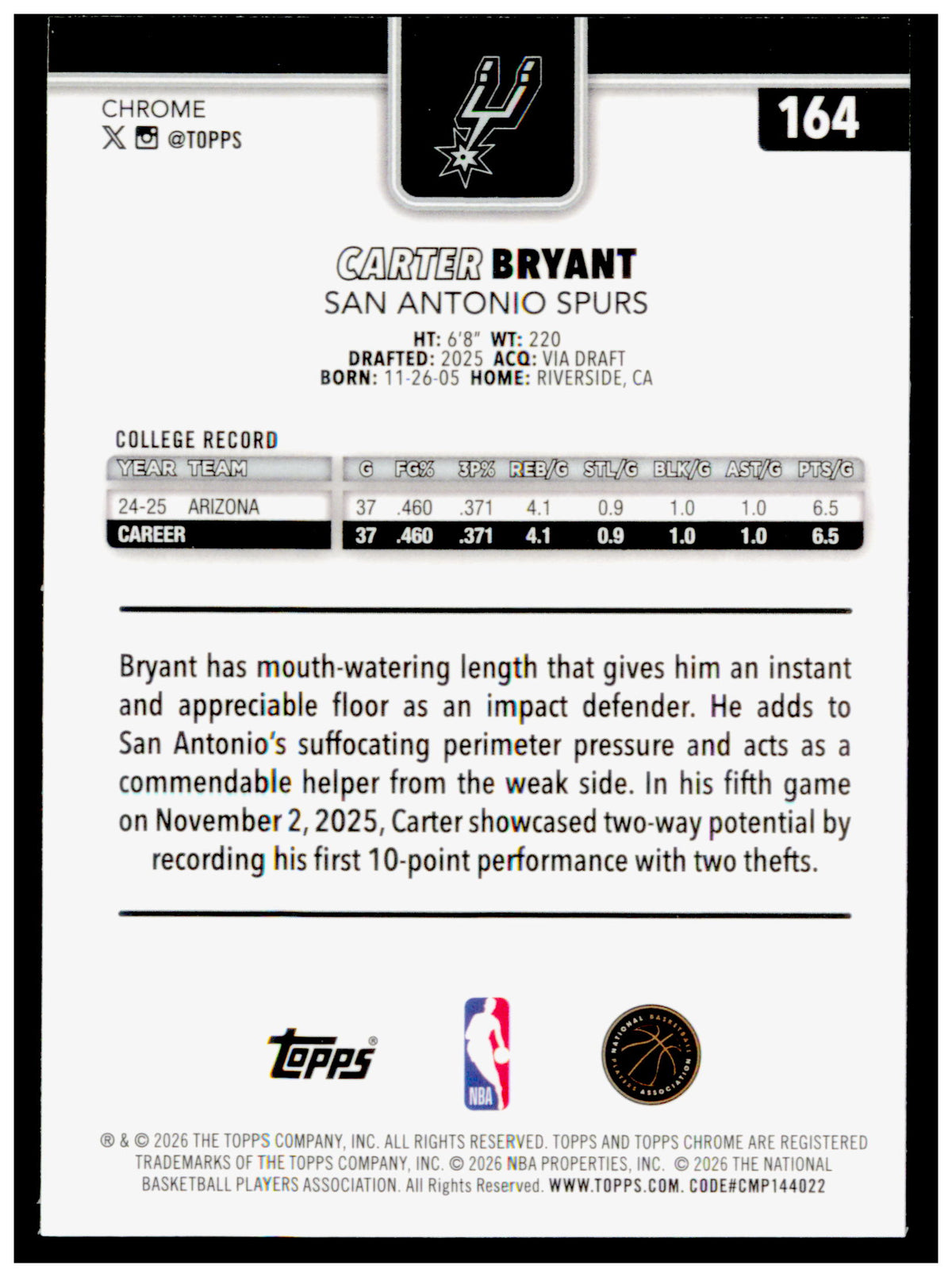 2025-26 Topps Chrome Update Carter Bryant Card RC San Antonio Spurs