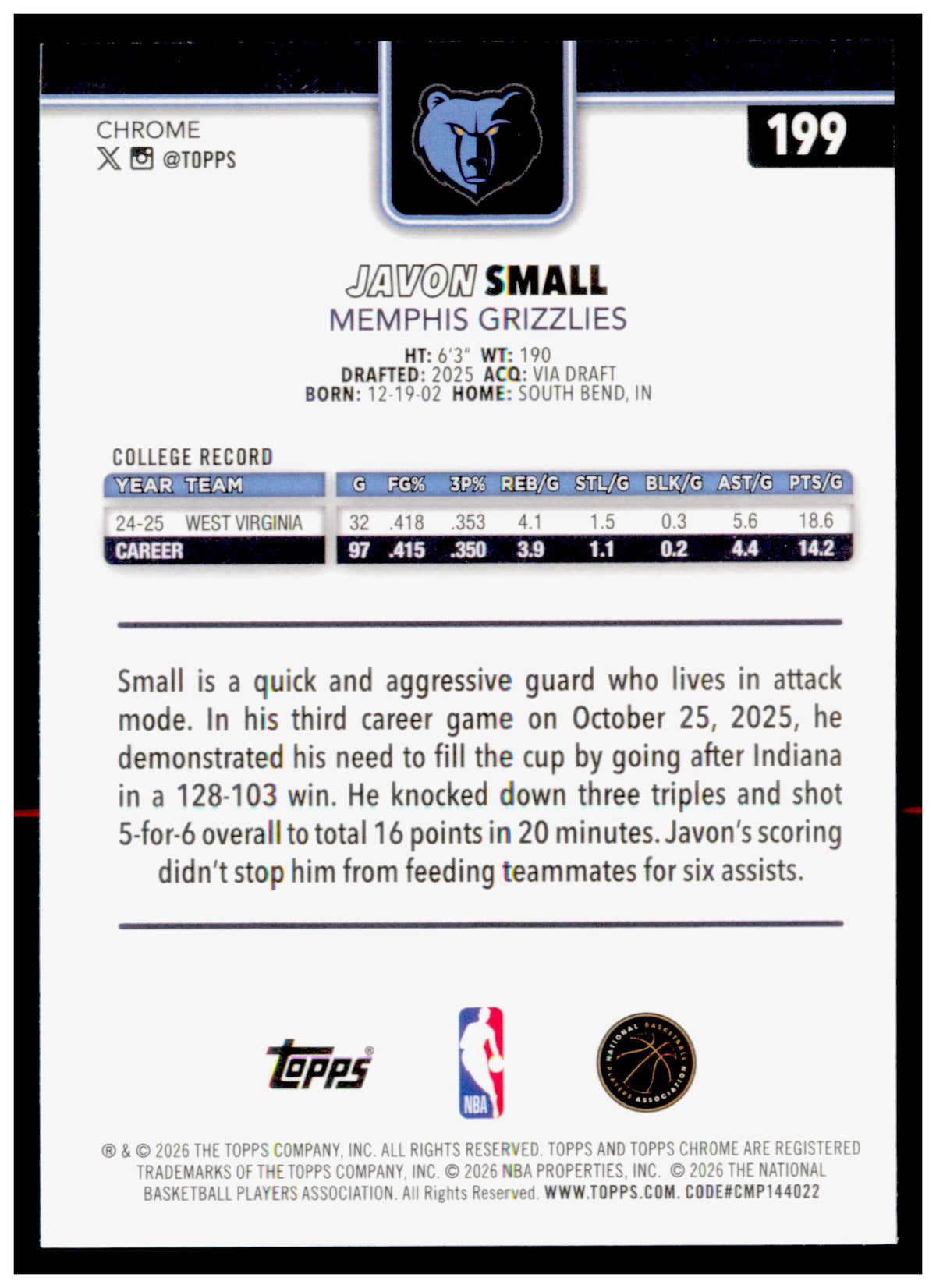 2025-26 Topps Chrome Update Javon Small Card RC Memphis Grizzlies