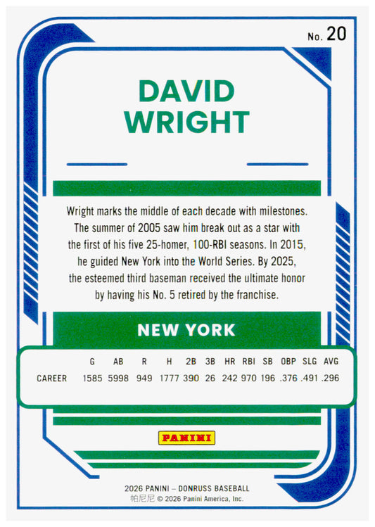 2026 Donruss David Wright Card Rockets New York Mets