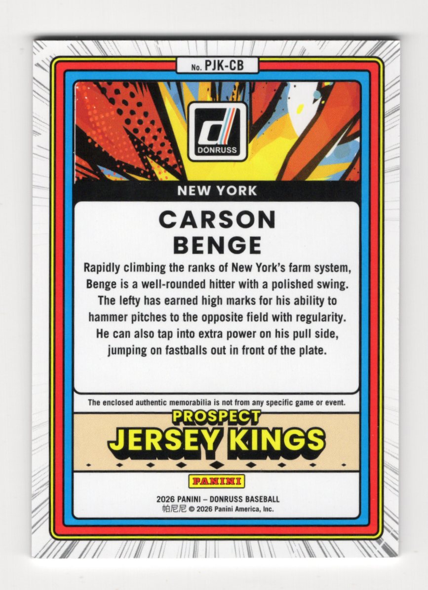 2026 Donruss Carson Benge Prospect Jersey Kings Orange Ice MEM Mets
