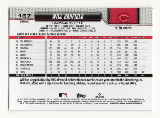 2026 Topps Chrome Will Banfield Card RC Cincinnati Reds