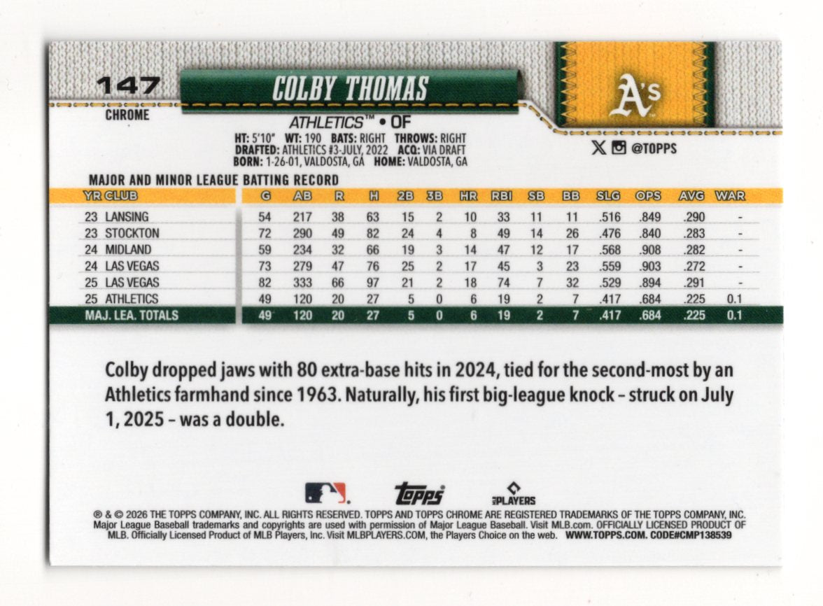 2026 Topps Chrome Colby Thomas Card RC Athletics
