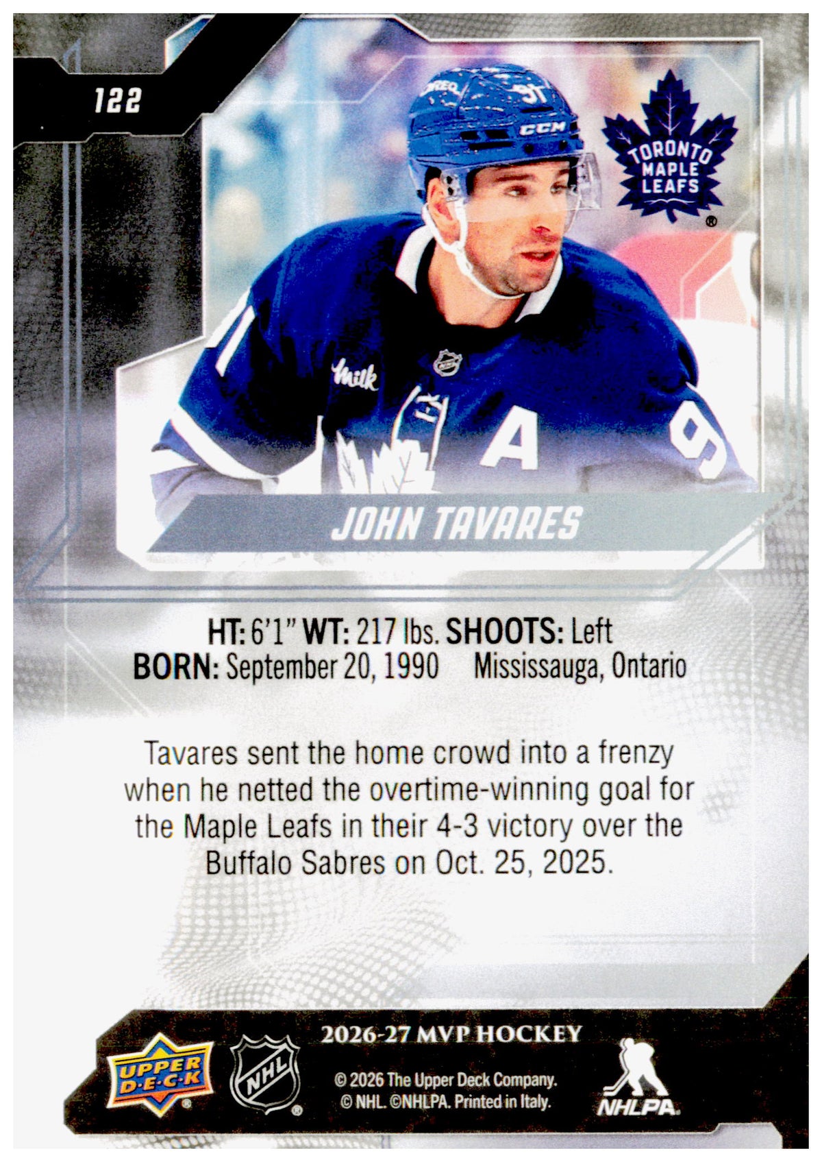 2026-27 Upper Deck MVP John Tavares Card Toronto Maple Leafs