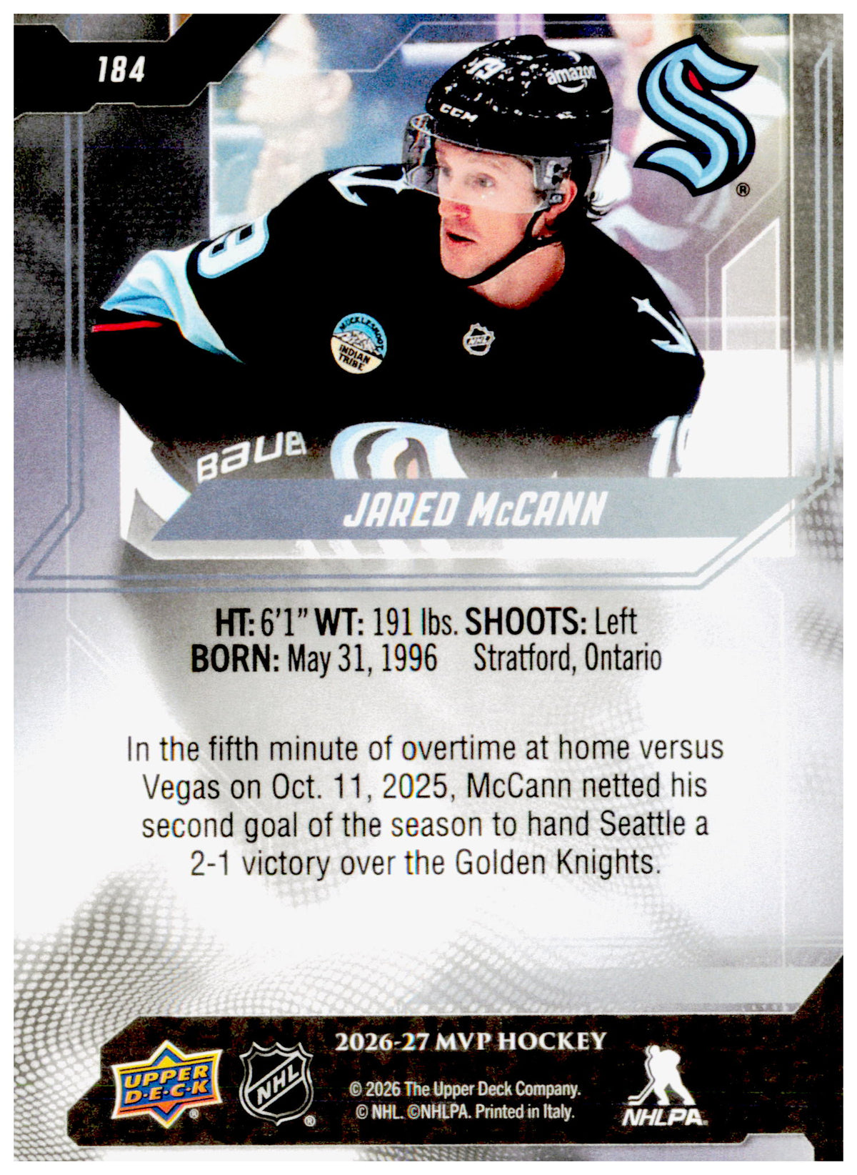 2026-27 Upper Deck MVP Jared McCann Card Seattle Kraken