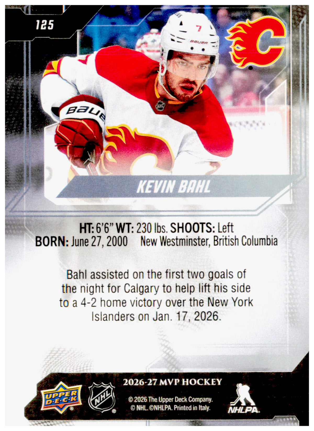 2026-27 Upper Deck MVP Kevin Bahl Card Silver Script Calgary Flames