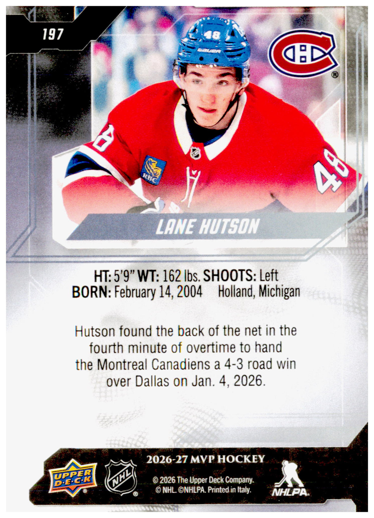2026-27 Upper Deck MVP Lane Hutson Card Montreal Canadiens