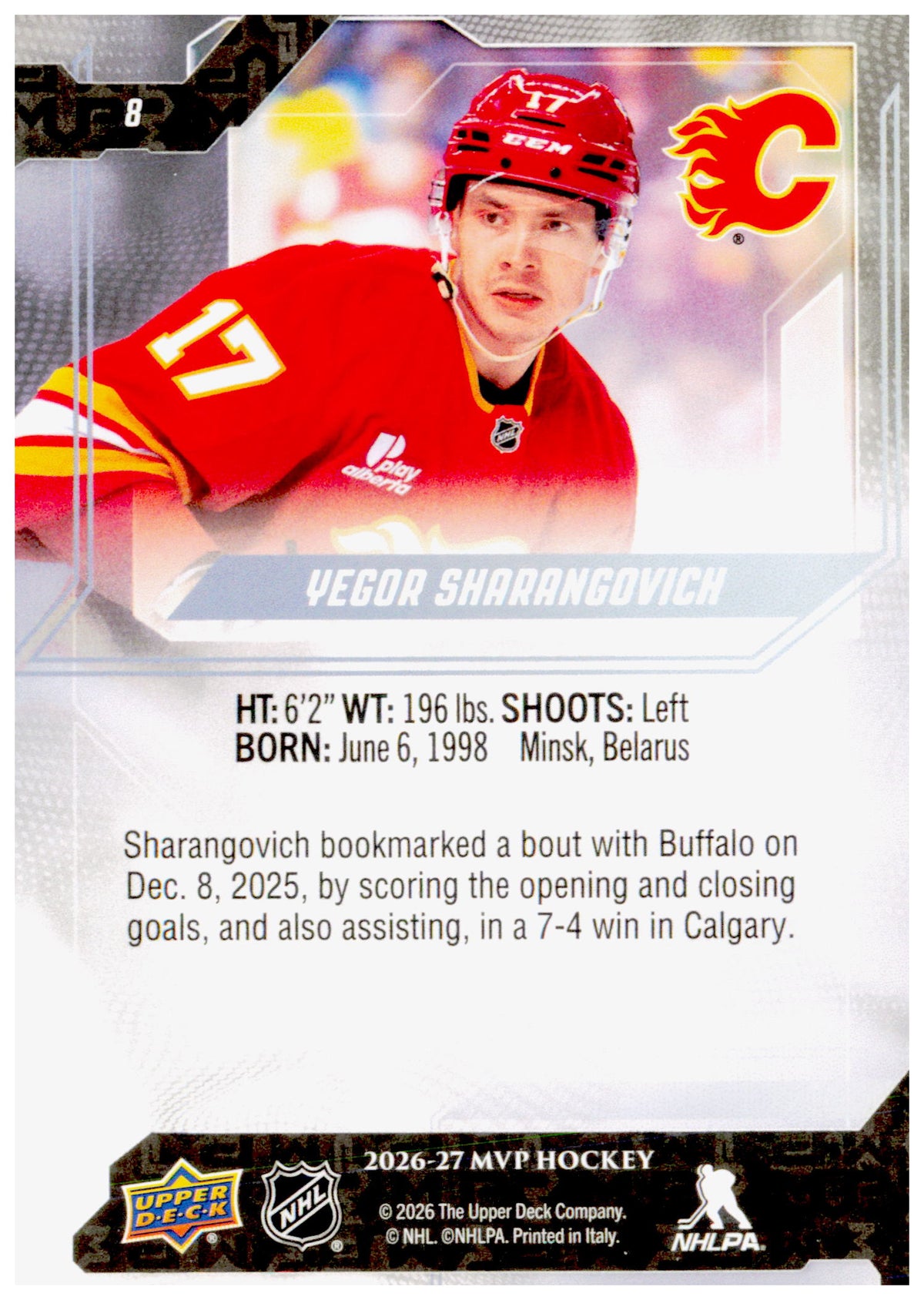 2026-27 Upper Deck MVP Yegor Sharangovich Card Calgary Flames