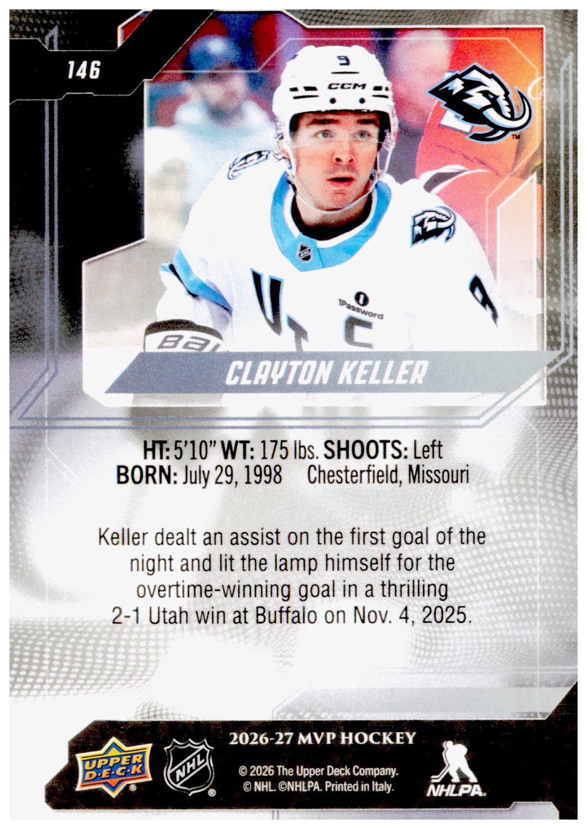 2026-27 Upper Deck MVP Clayton Keller Card Utah Mammoth