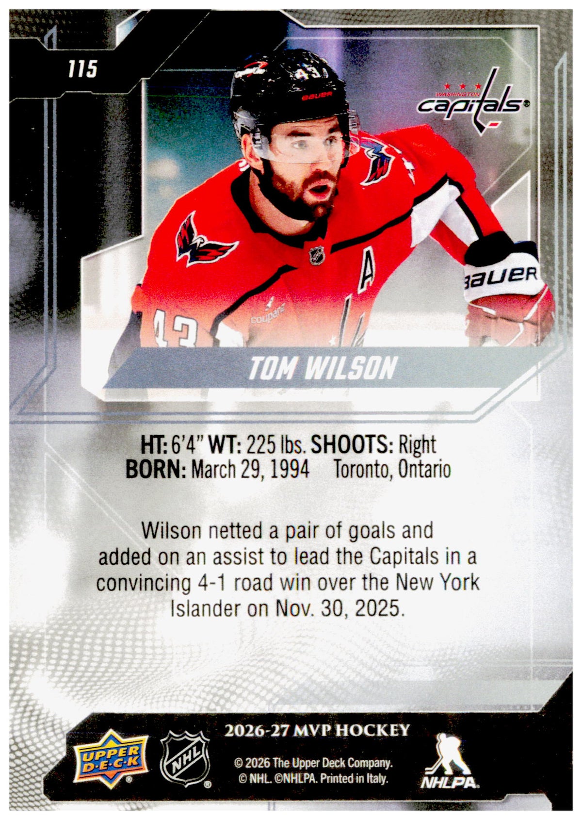 2026-27 Upper Deck MVP Tom Wilson Card Washington Capitals