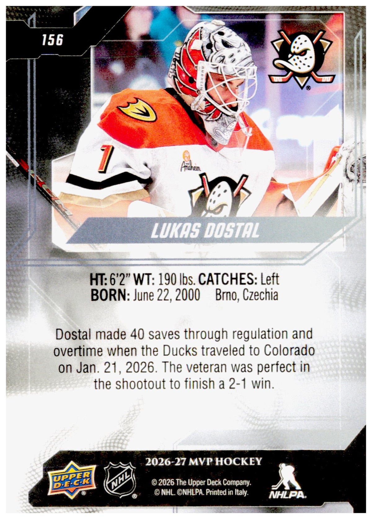2026-27 Upper Deck MVP Lukas Dostal Card Anaheim Ducks