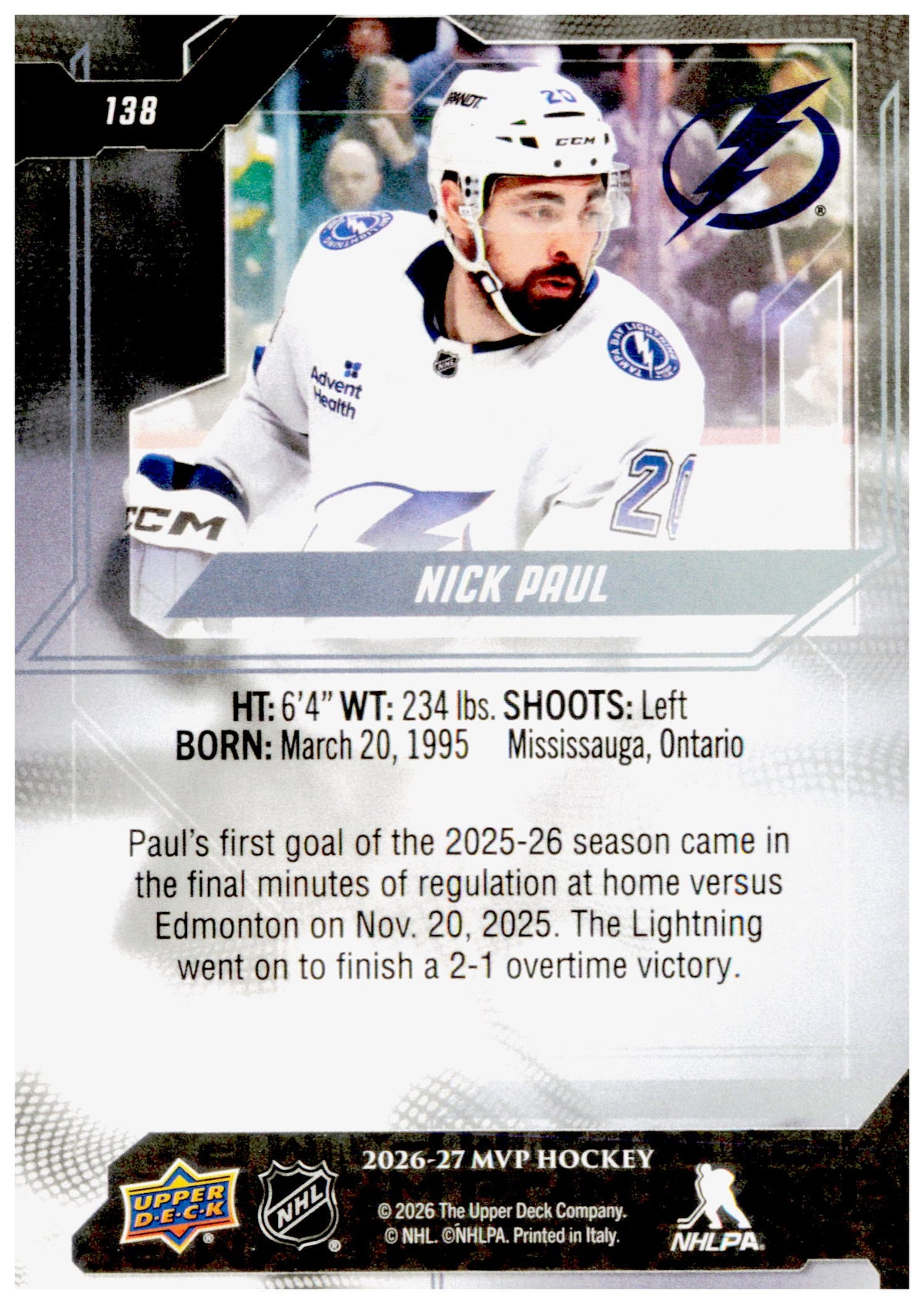 2026-27 Upper Deck MVP Nick Paul Card Tampa Bay Lightning