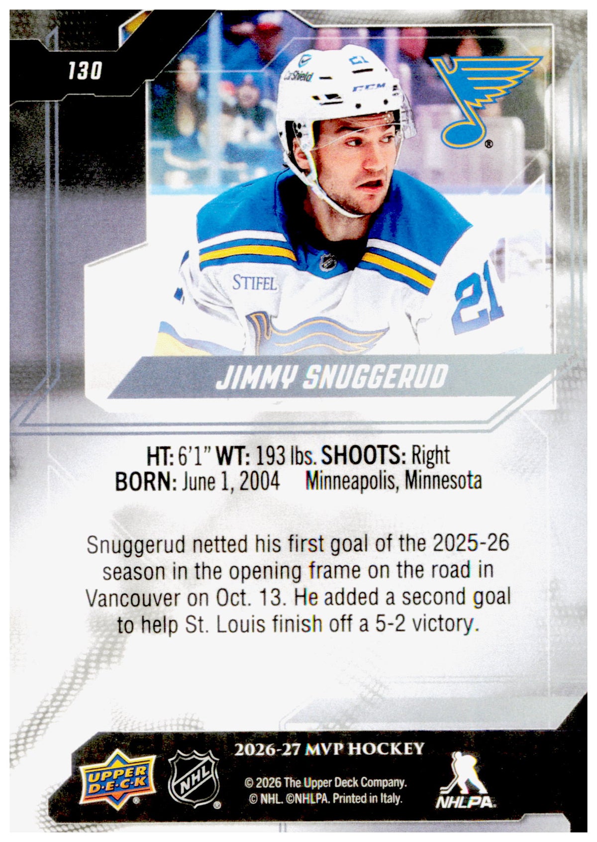 2026-27 Upper Deck MVP Jimmy Snuggerud Card St. Louis Blues