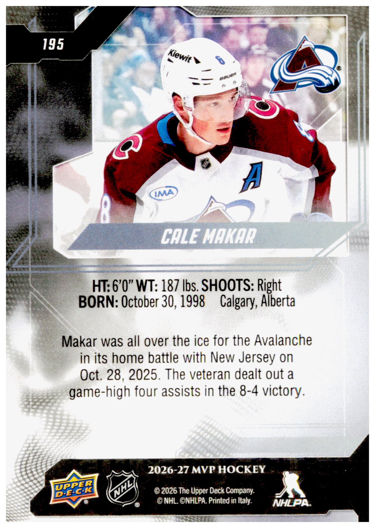 2026-27 Upper Deck MVP Cale Makar Card Colorado Avalanche