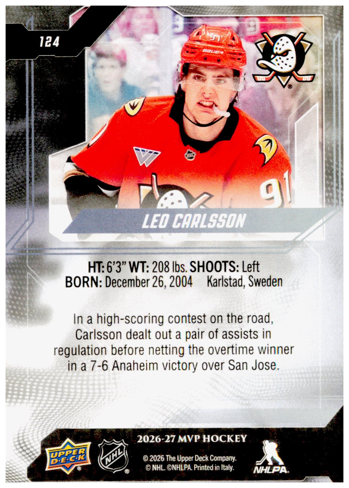 2026-27 Upper Deck MVP Leo Carlsson Card Anaheim Ducks