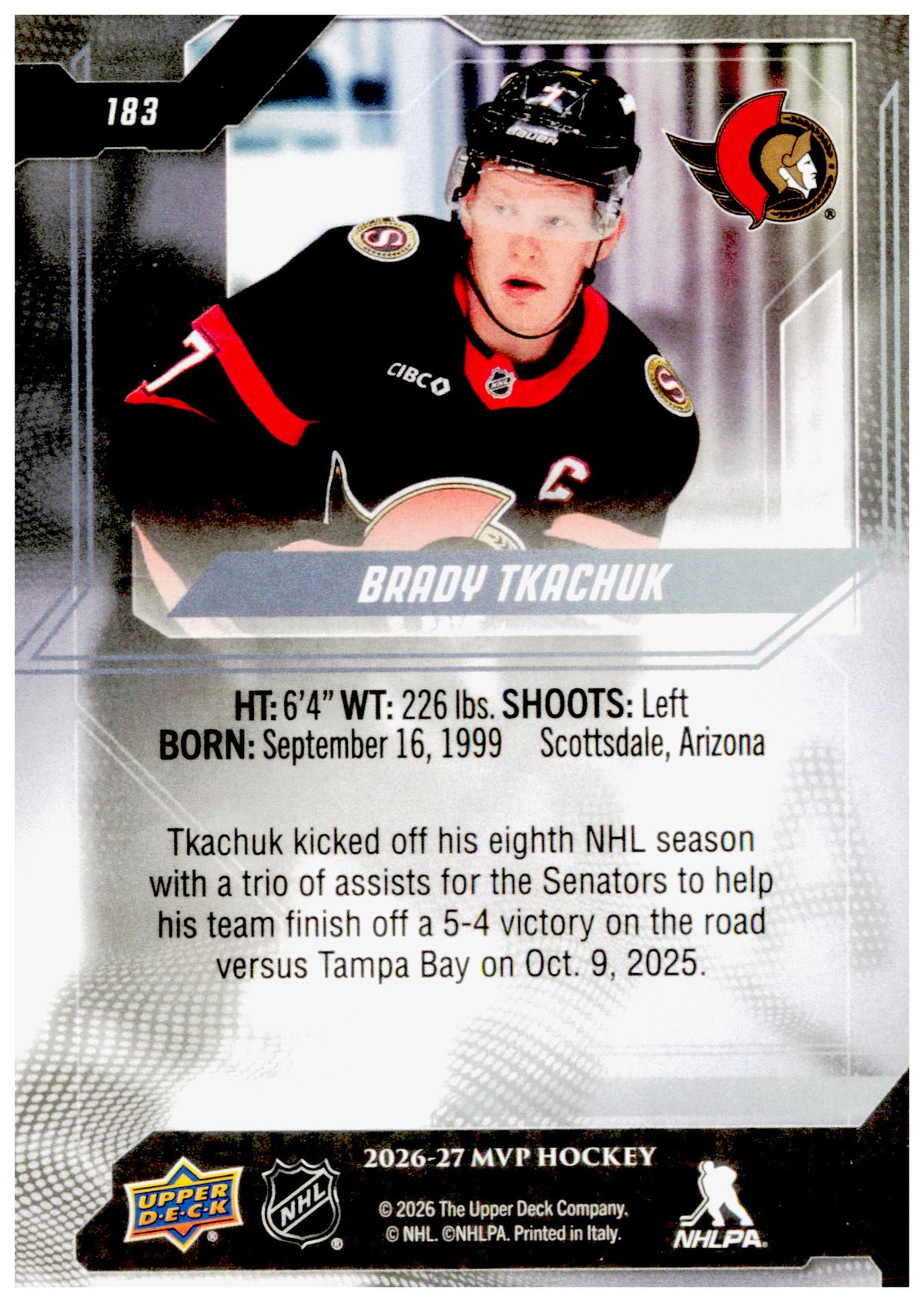 2026-27 Upper Deck MVP Brady Tkachuk Card Ottawa Senators