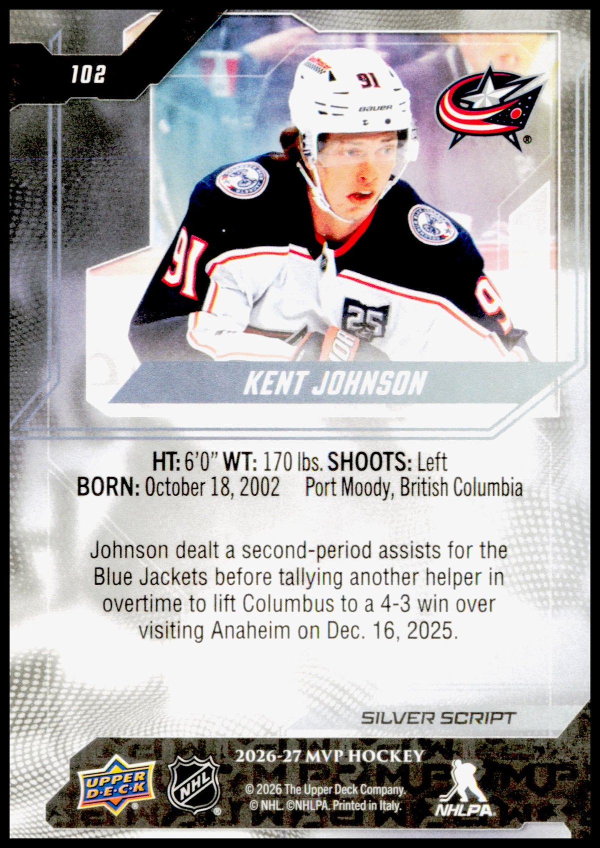 2026-27 Upper Deck MVP Kent Johnson Card Silver Script Columbus Blue Jackets