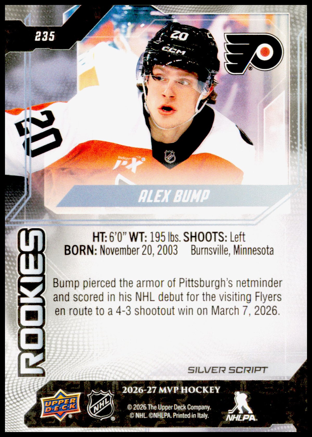 2026-27 Upper Deck MVP Alex Bump Card Silver Script Philadelphia Flyers