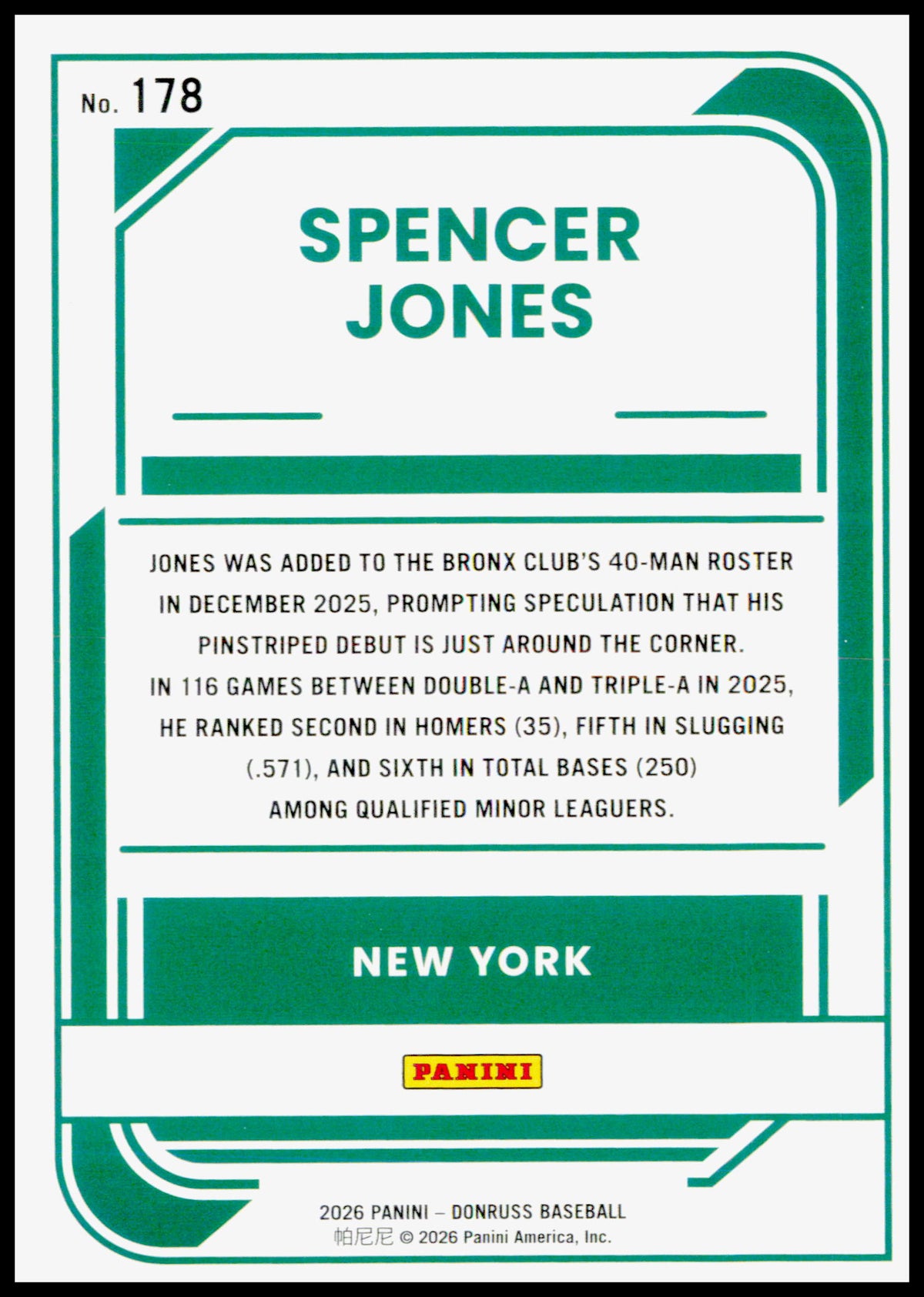 2026 Donruss Spencer Jones Card Rockets New York Yankees