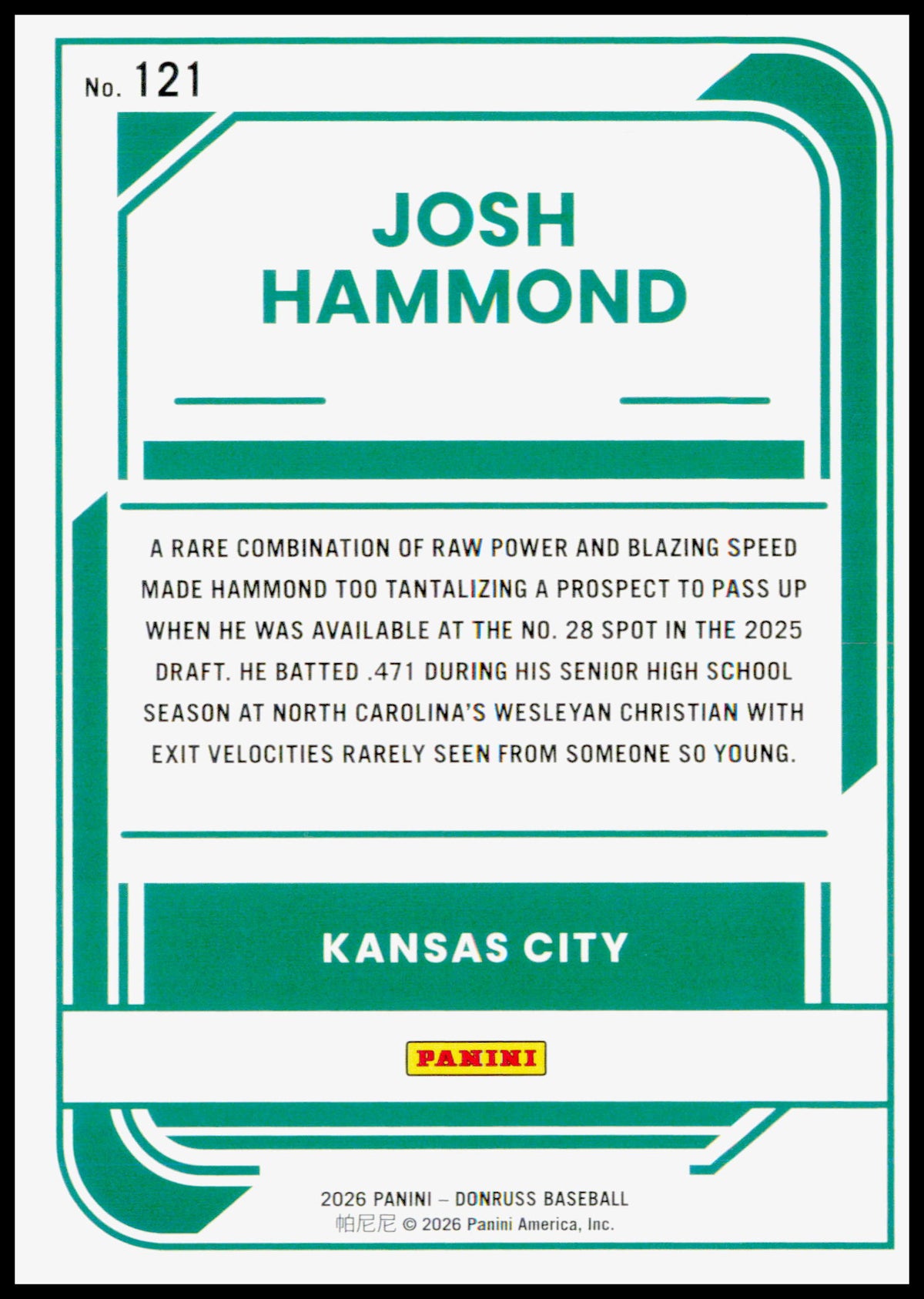 2026 Donruss Josh Hammond Card Red and Blue Kansas City Royals