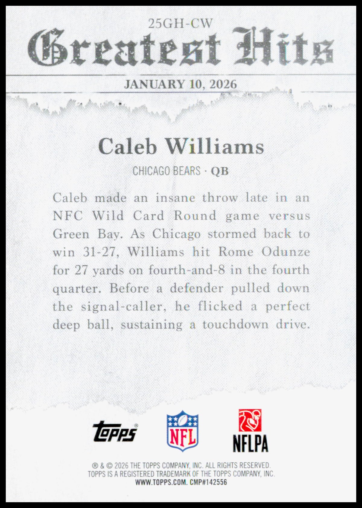 2026 Topps Flagship Caleb Williams Card 2025 Greatest Hits Chicago Bears