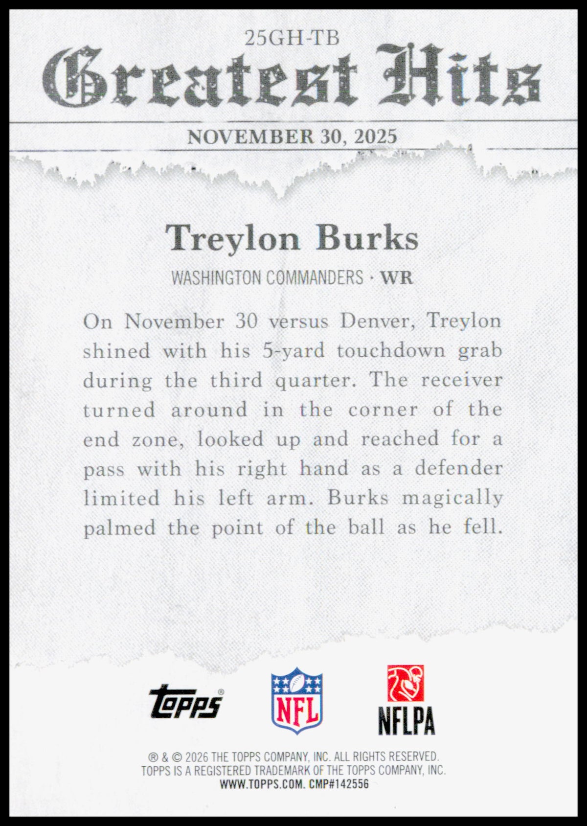 2026 Topps Flagship Treylon Burks Card 2025 Greatest Hits Washington Commanders