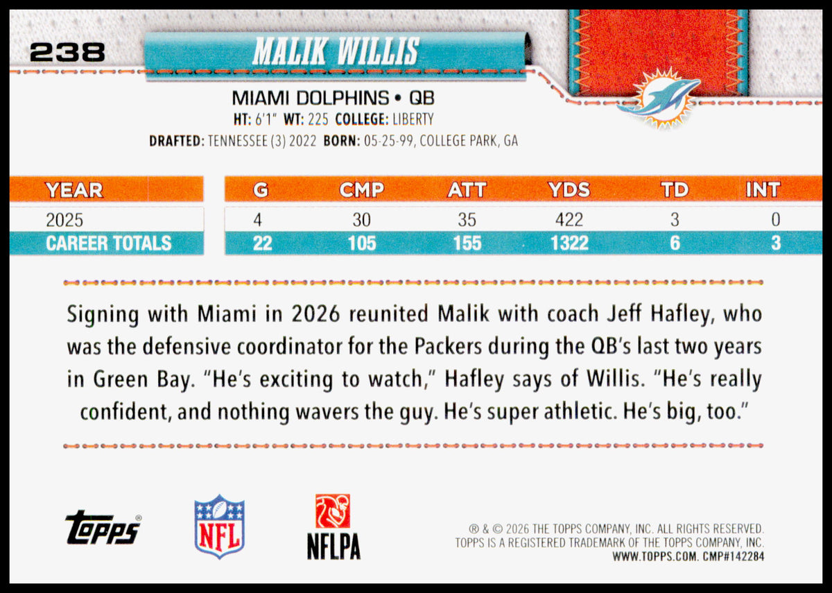 2026 Topps Flagship Malik Willis Card Football Leather Foil Miami Dolphins