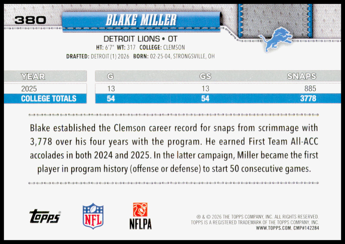 2026 Topps Flagship Blake Miller Card RC Detroit Lions