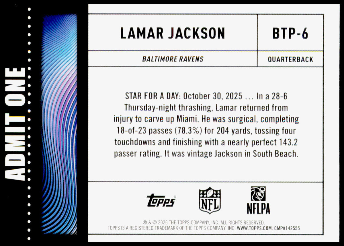 2026 Topps Flagship Lamar Jackson Card Big Ticket Players Baltimore Ravens