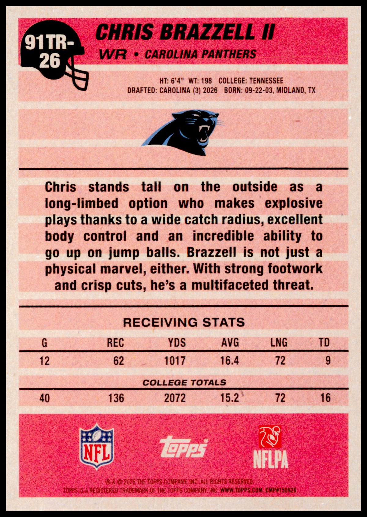 2026 Topps Flagship Chris Brazzell II Card 1991 Topps Football Rookies Panthers