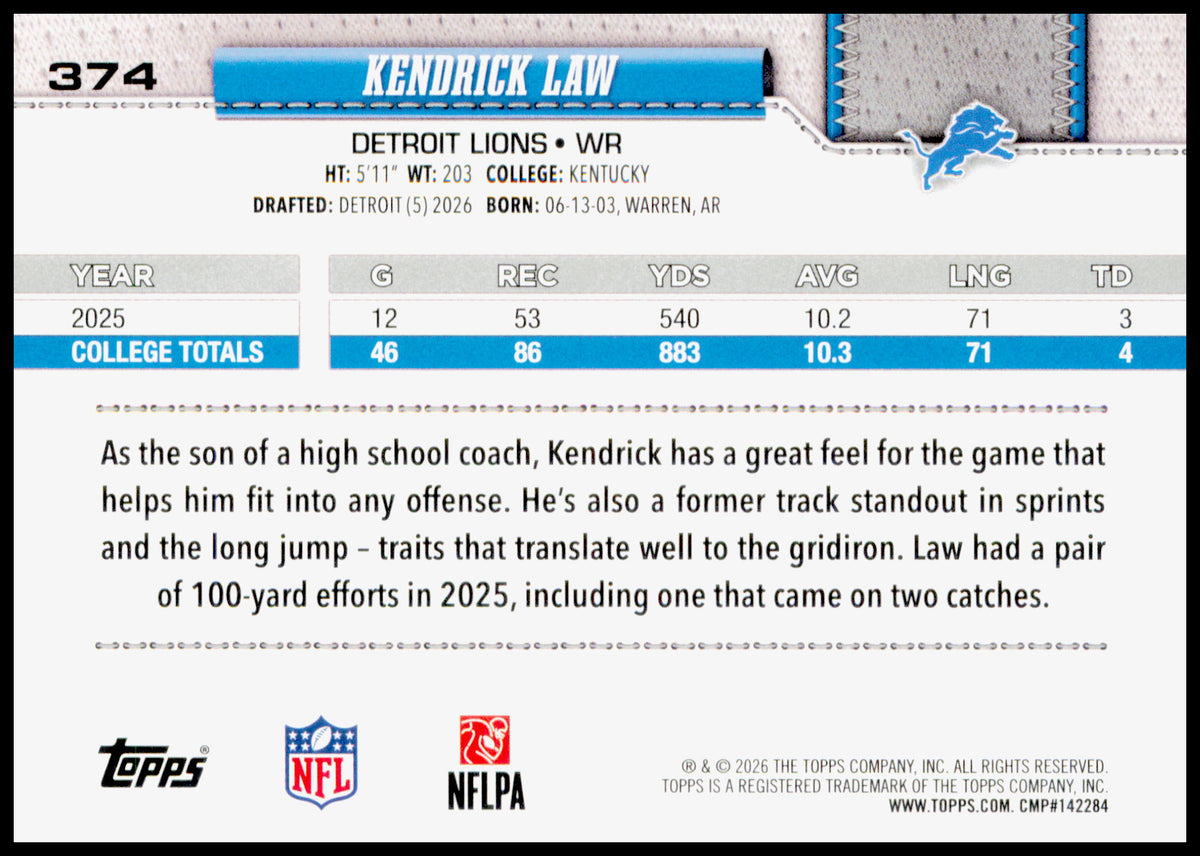 2026 Topps Flagship Kendrick Law Card Pink Diamante Foil RC Detroit Lions