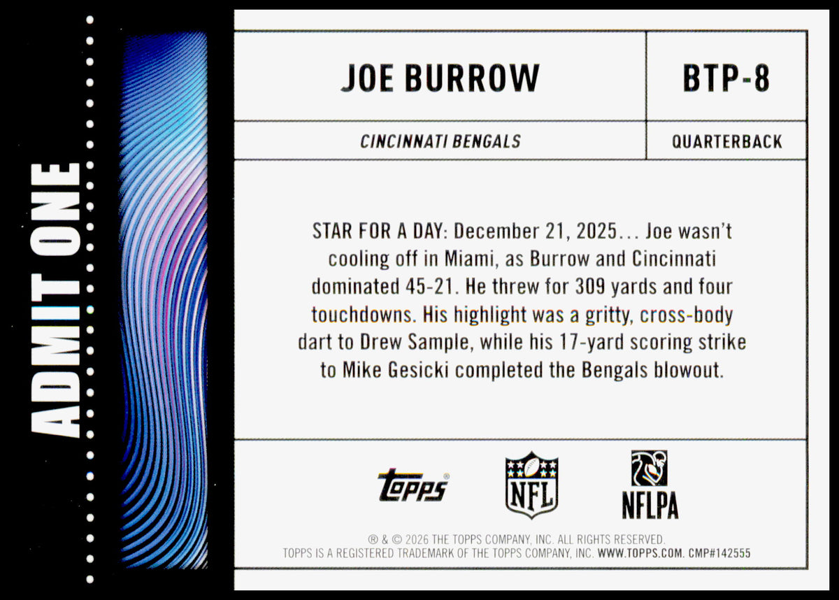 2026 Topps Flagship Joe Burrow Card Big Ticket Players Cincinnati Bengals