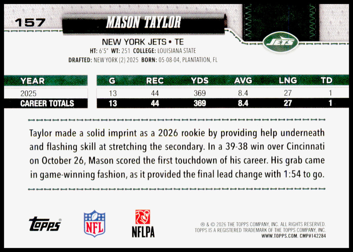 2026 Topps Flagship Mason Taylor Card Football Leather Foil New York Jets