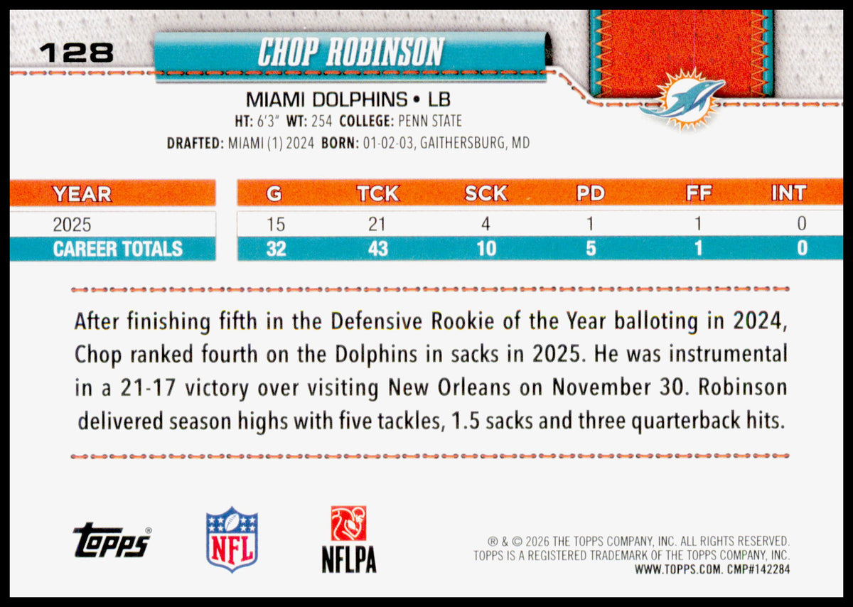 2026 Topps Flagship Chop Robinson Card Rainbow Foil Miami Dolphins