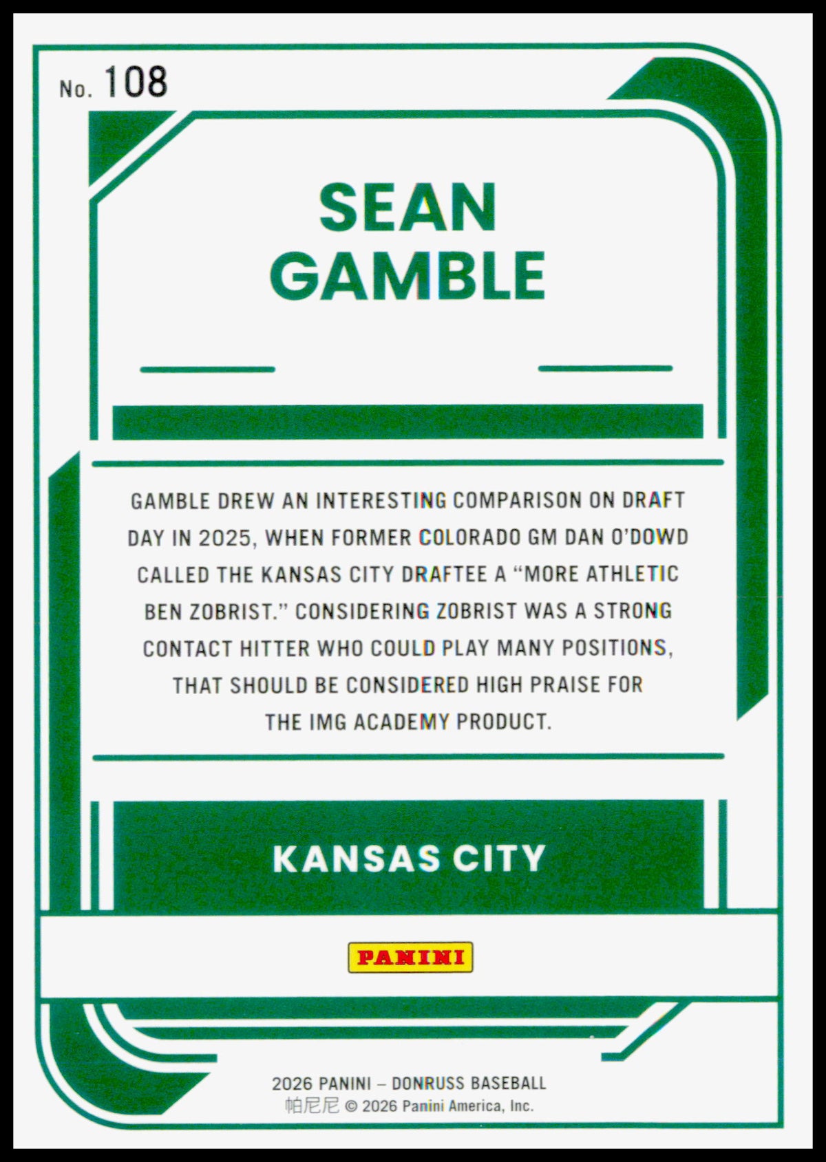 2026 Donruss Sean Gamble Card Optic Kansas City Royals