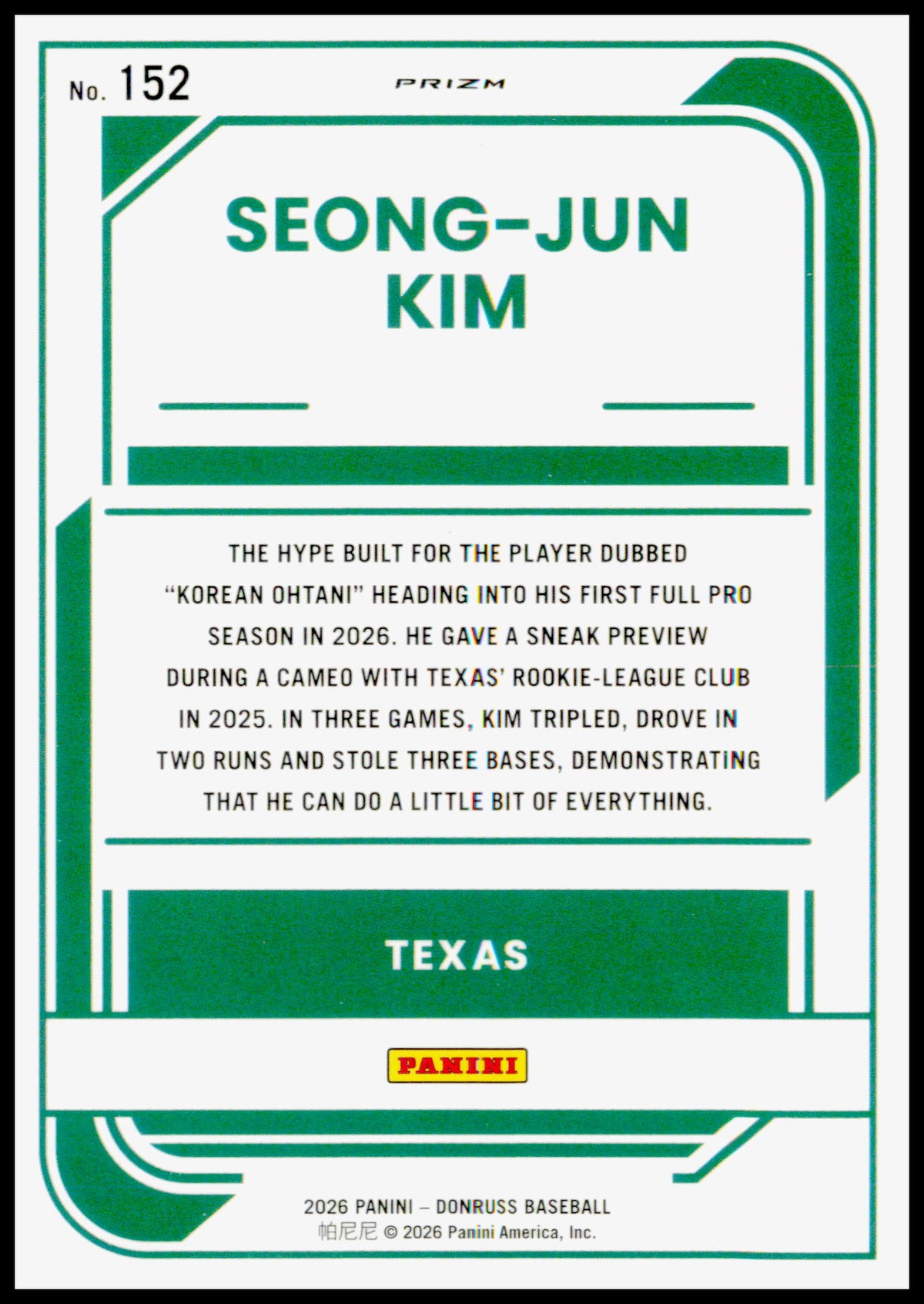 2026 Donruss Seong-Jun Kim Card Optic Orange Velocity Texas Rangers