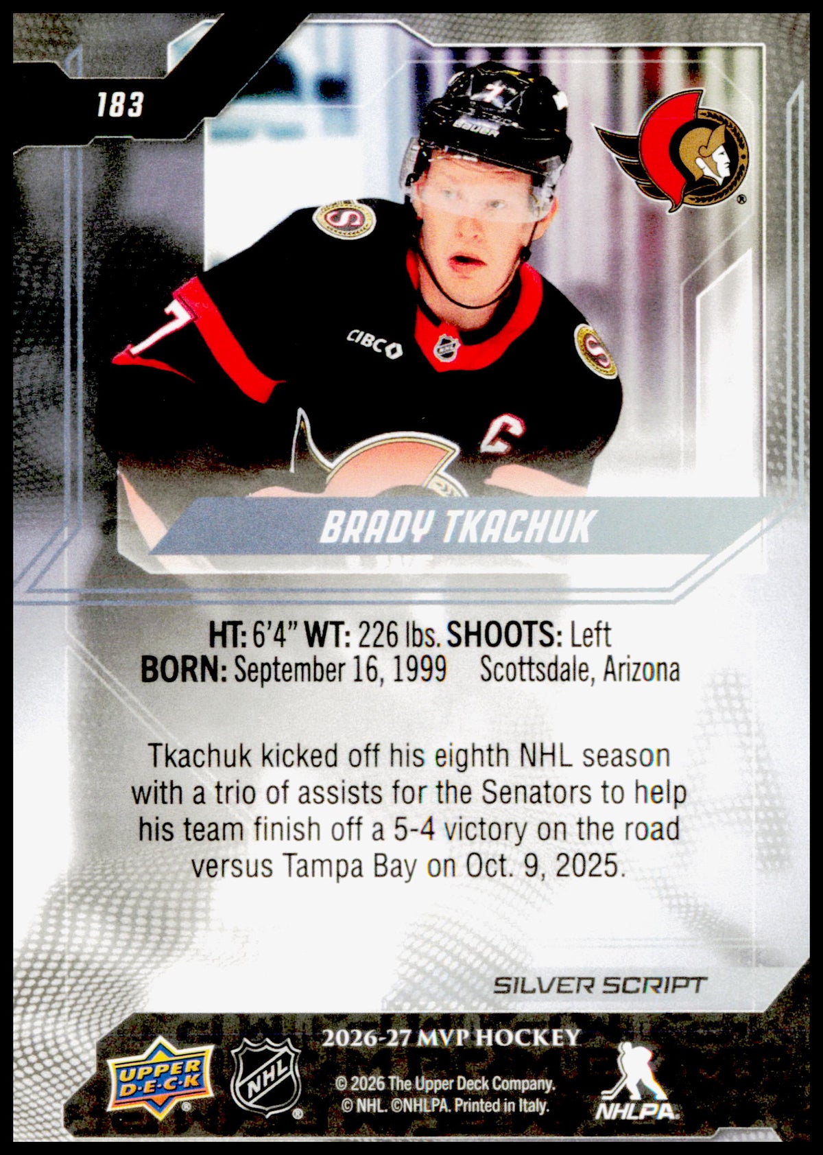 2026-27 Upper Deck MVP Brady Tkachuk Card Ottawa Senators