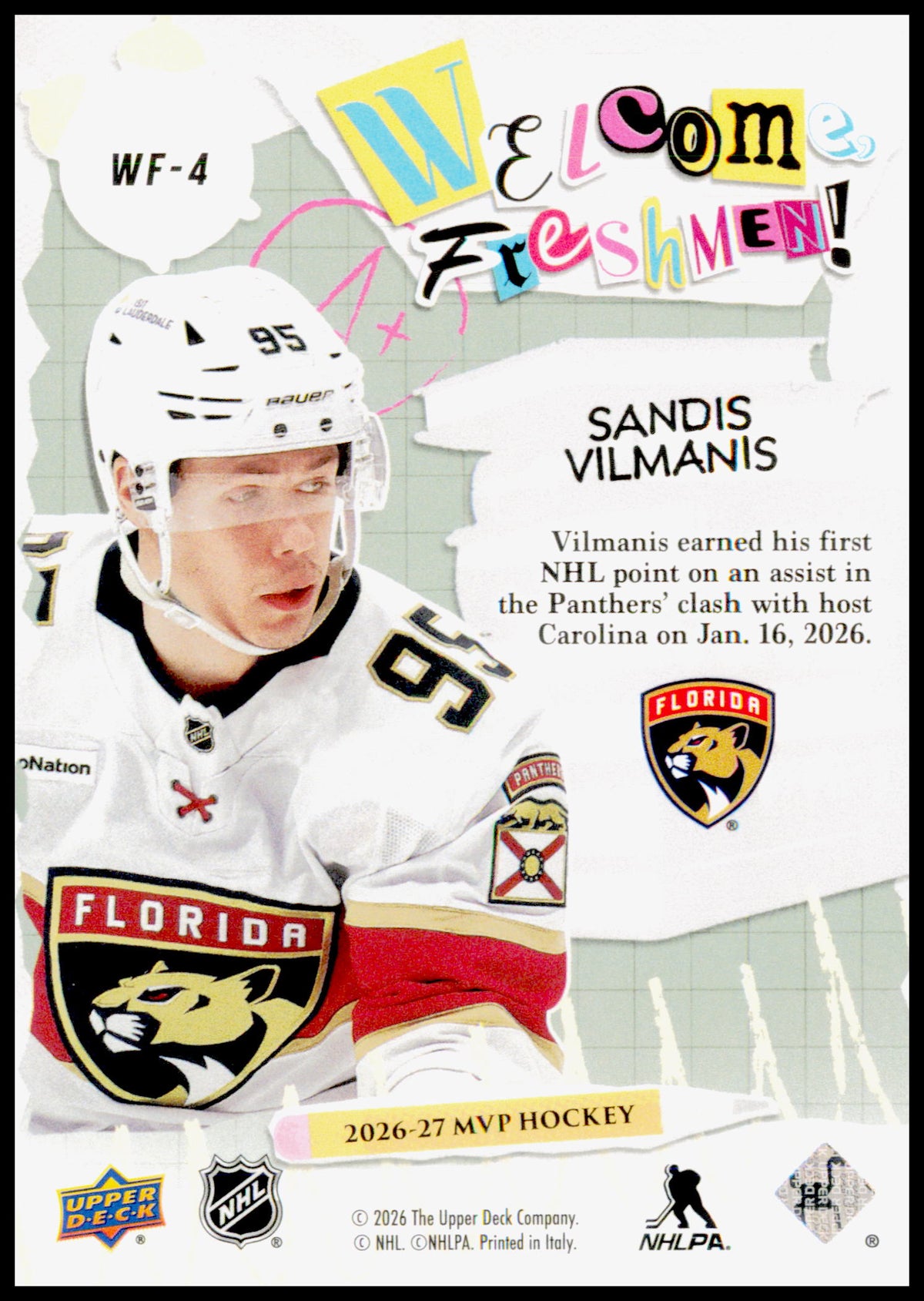 2026-27 Upper Deck MVP Sandis Vilmanis Card Welcome, Freshman! Florida Panthers