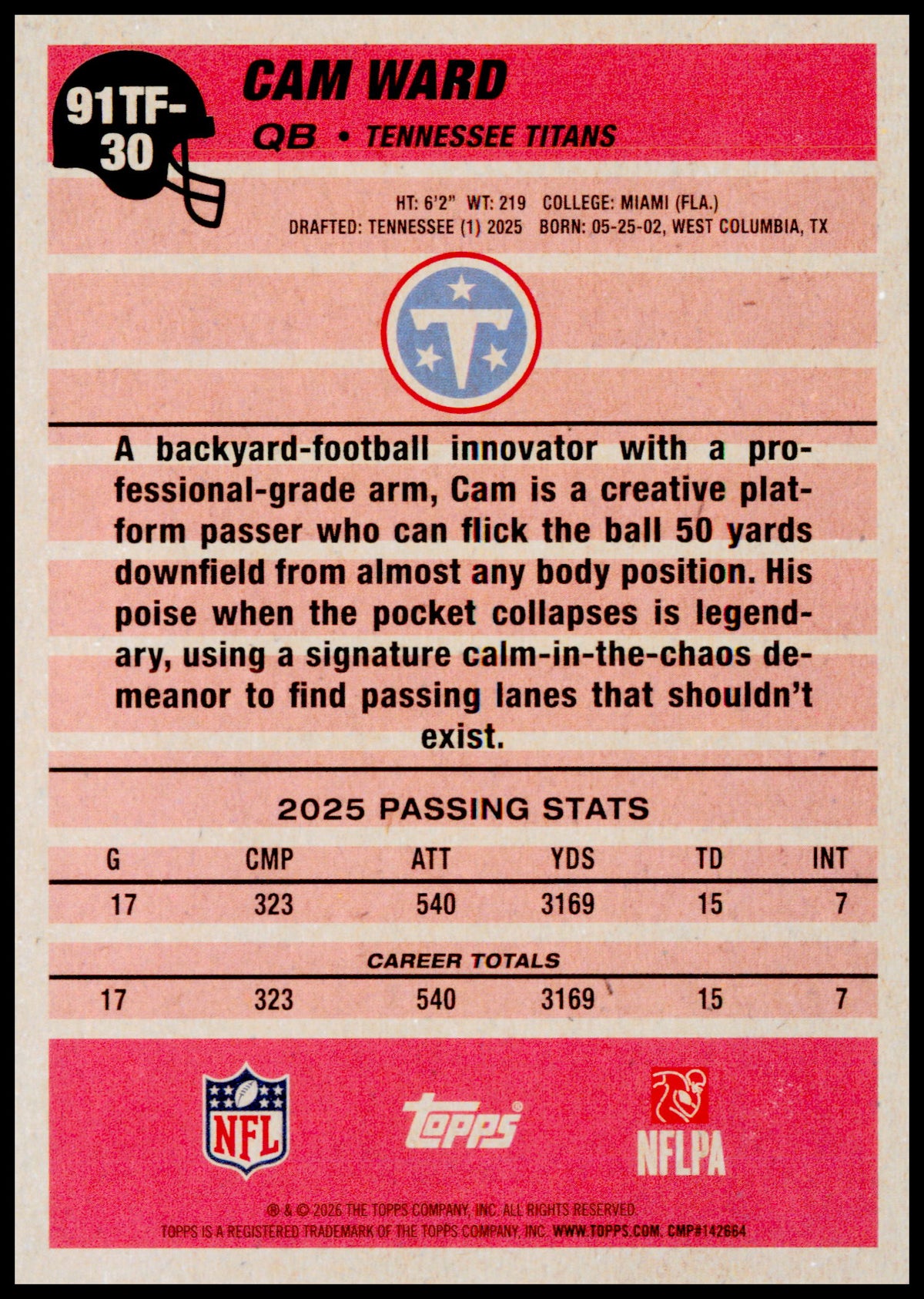 2026 Topps Flagship Cam Ward Card 1991 Topps Football Tennessee Titans