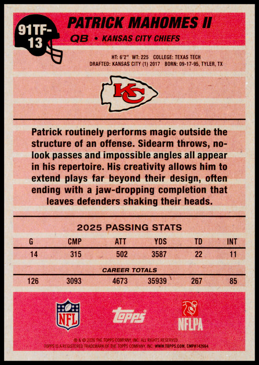2026 Topps Flagship Patrick Mahomes II Card 1991 Topps Football Chiefs