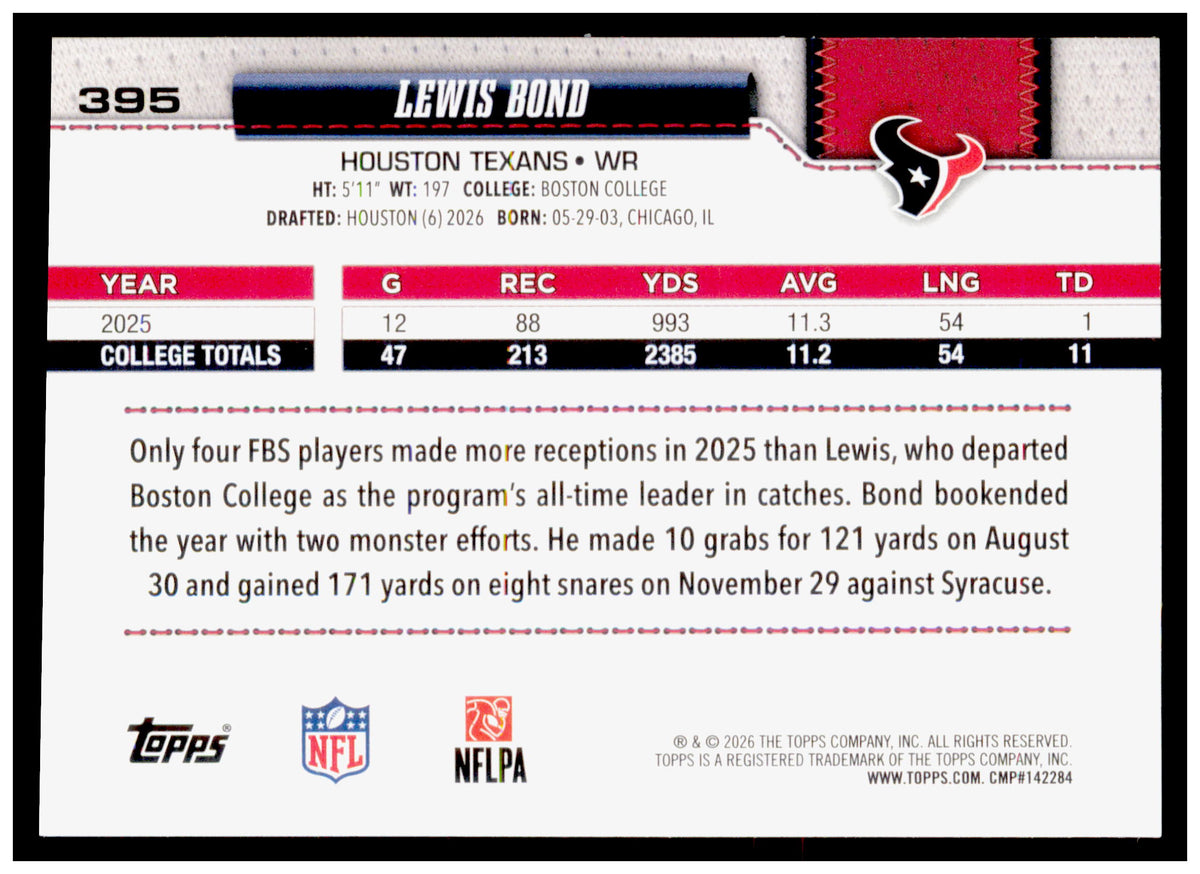 2026 Topps Flagship Lewis Bond Card Rainbow Foil Houston Texans