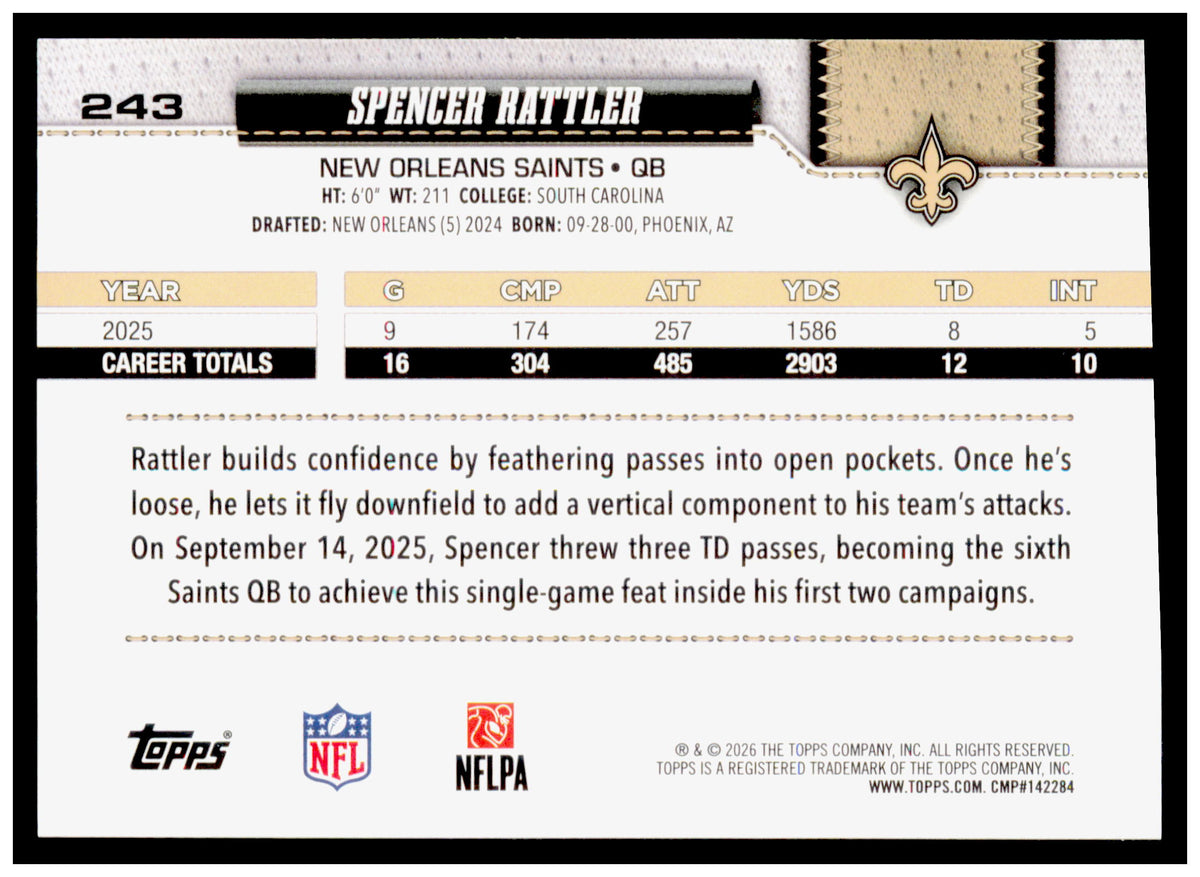 2026 Topps Flagship Spencer Rattler Card Diamante Foil New Orleans Saints