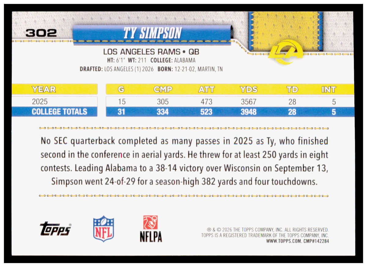 2026 Topps Flagship Ty Simpson Card Diamante Foil Los Angeles Rams