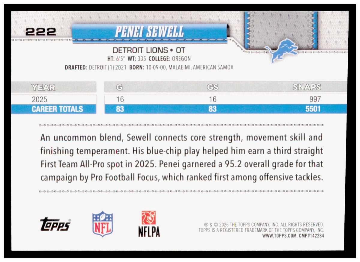 2026 Topps Flagship Penei Sewell Card Diamante Foil Detroit Lions