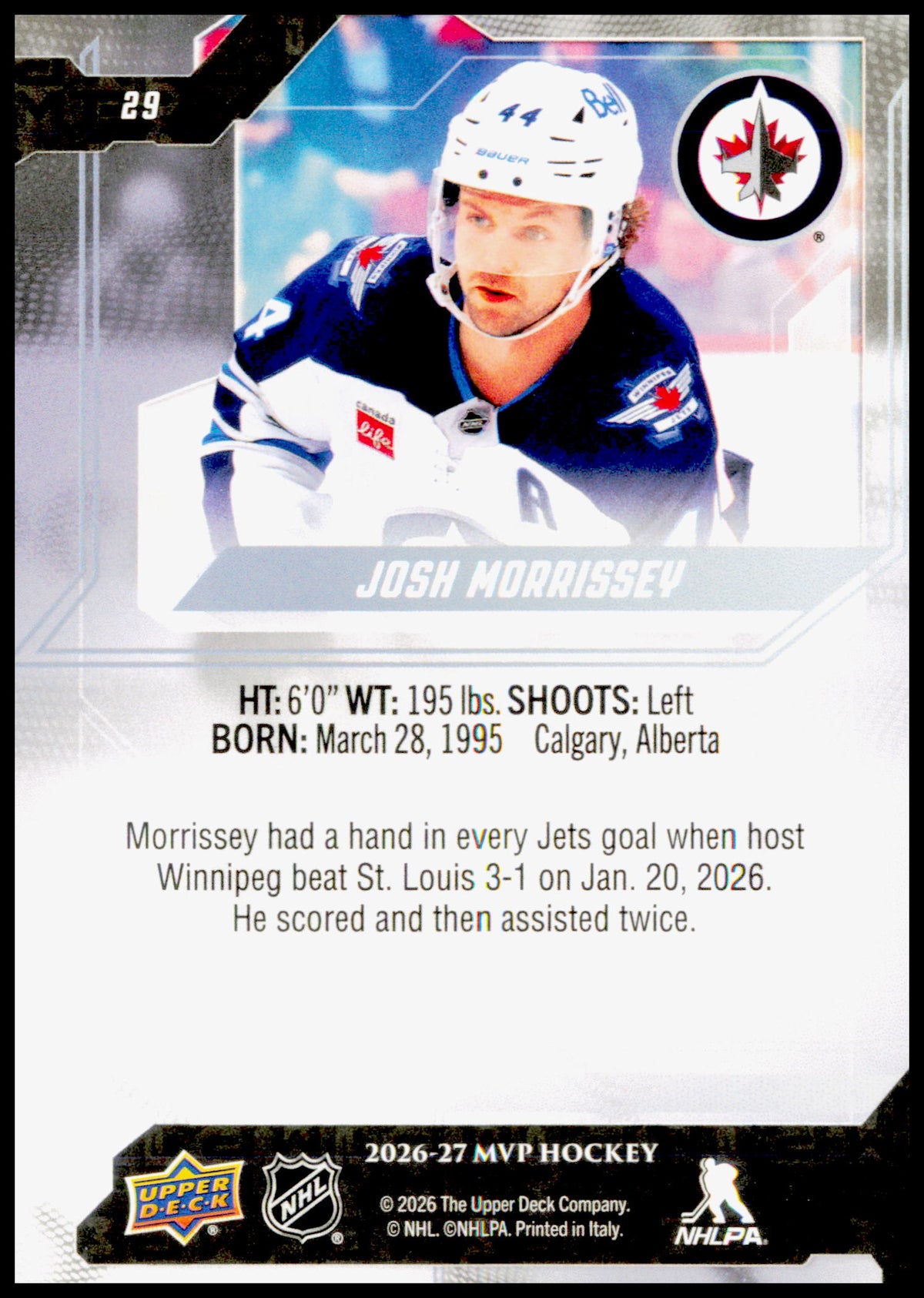 2026-27 Upper Deck MVP Josh Morrissey Card Winnipeg Jets