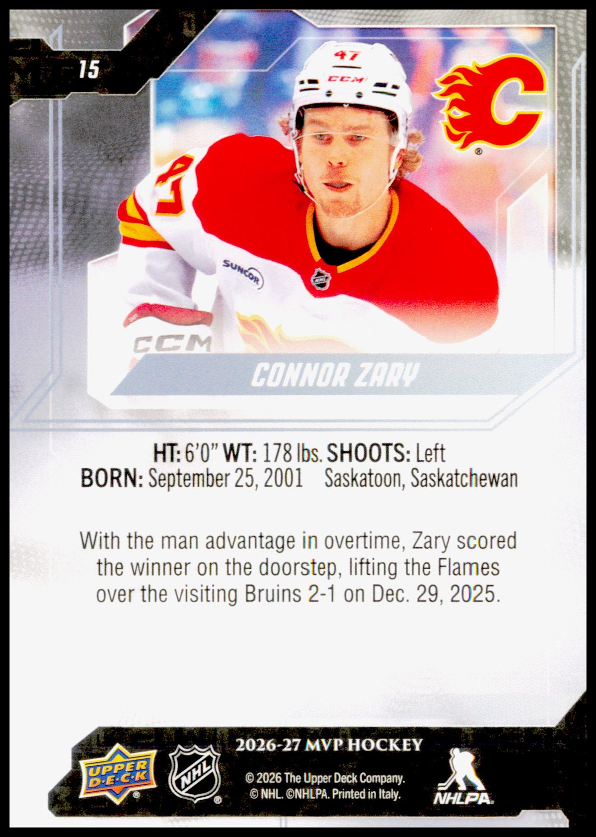 2026-27 Upper Deck MVP Connor Zary Card Calgary Flames