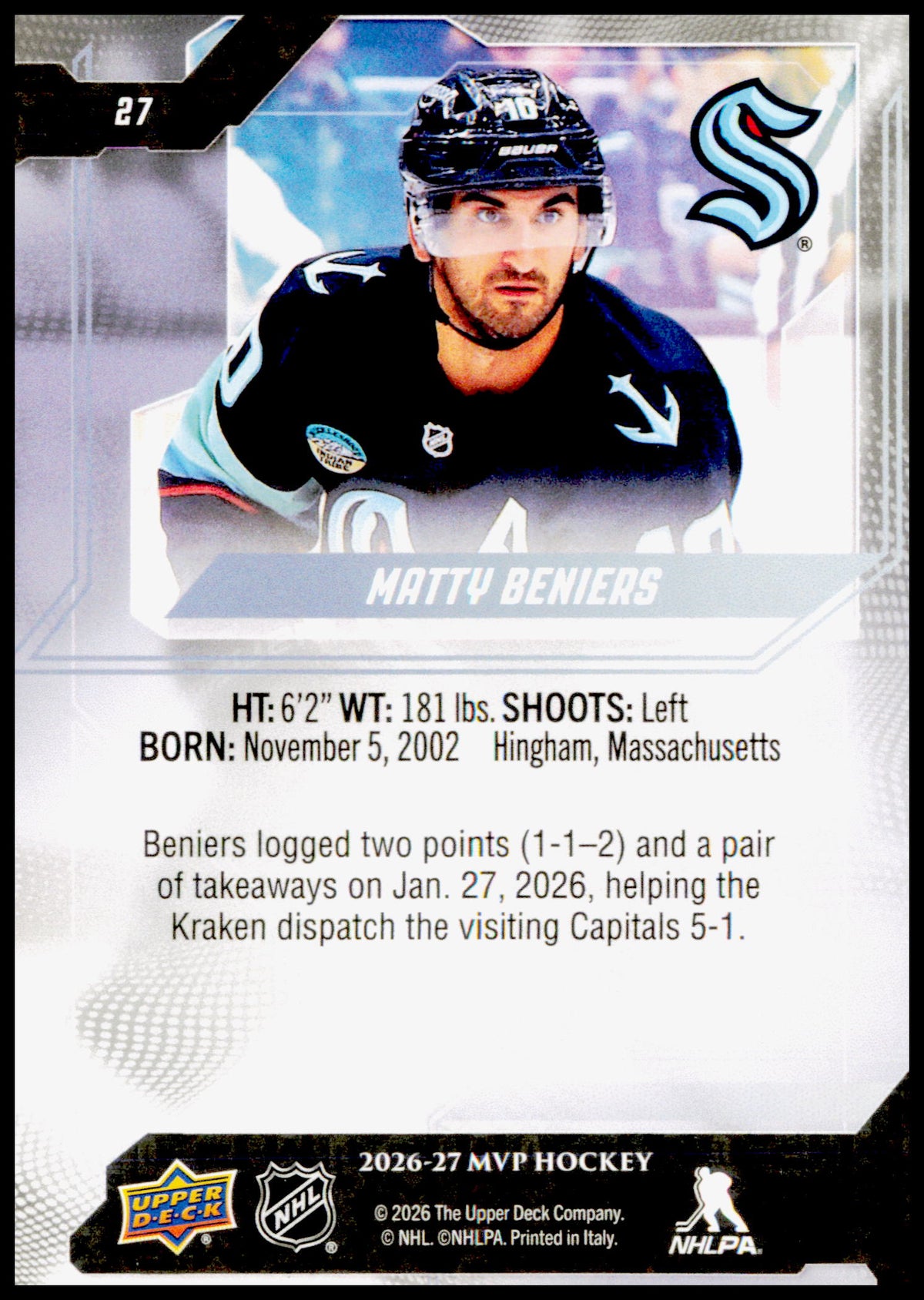 2026-27 Upper Deck MVP Matty Beniers Card Seattle Kraken